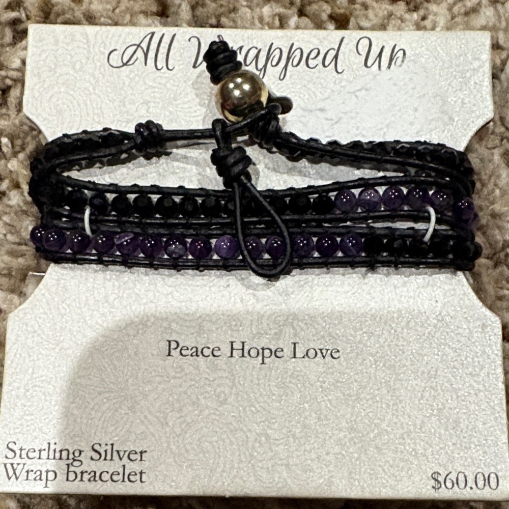 Sterling Silver Wrap Bracelet with Purple and Black Beads